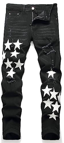 OIIIO Men's Patch Ripped Stretch Regular Fit Jean, 82301 Black, 32