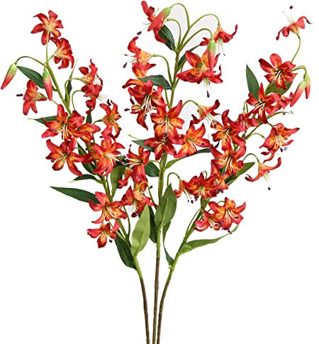 Künstliche Lilien, langer Stiel, künstliche Tigerlilien, Blumenarrangement, Party-Dekoration (orange-rot)