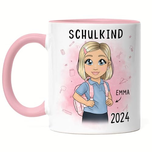 Kiddle-Design Schulkind 2025 Tasse Rosa Personalisiertes Geschenk zum Schulanfang Mädchen Einschulungsgeschenk Erster Schultag Geschenkidee