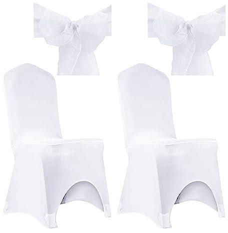 Hazrcvr Stuhlhussen Hochzeit 2 Stück Stuhlhusse Weiss Hochzeit Stretch Stuhlüberzug Husse Stuhlschutz Stuhlhussen im Schleifenband Elastik Stuhl Abdeckung Weiße Spandex Stuhlhussen mit Schleifen