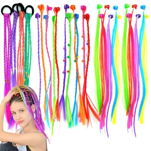 RAFIYU 28 Stücke Haarschmuck mädchen, inkl.24 Bunte Haarsträhnen Kinder Clips und 4 Buntes geflochtenes Haar, Haarsträhnen zum einflechten,farbige Haarverlängerung für Geschenke Party Festival Deko