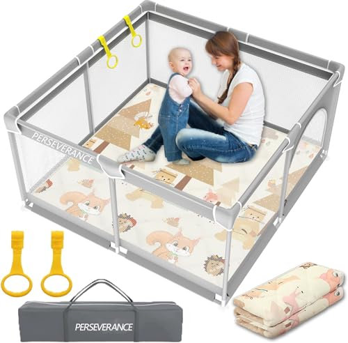 PERSEVERANCE Laufstall Baby, Laufgitter Baby mit Matratze127x127cm, Atmungsaktives Netz, laufstall baby faltbar,mit 4 Rutschfeste Saugnäpfen, Aktivitätsbereich im Innen und Außenbereich apartment