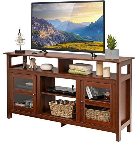 COSTWAY TV Stand for TVs up to 65, Wooden Television Media Entertainment Center with 4 Open Shelves & 2 Side Cabinet, Living Room Bedroom TV Unit Console Table for 18 Electric Fireplace (Walnut)