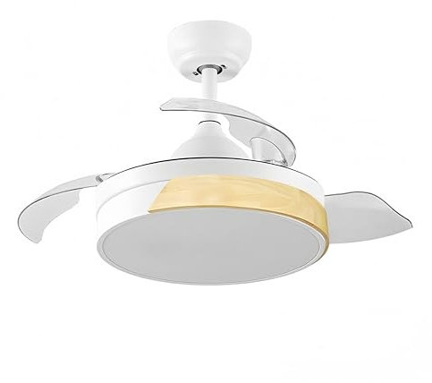 LEDUNI ® Ventilador de Techo con luz Led 72W y Mando a Distancia, motor DC, 6 velocidades, Silencioso,4 Aspas desplegables, función verano-invierno, temporizador (Blanco Madera)