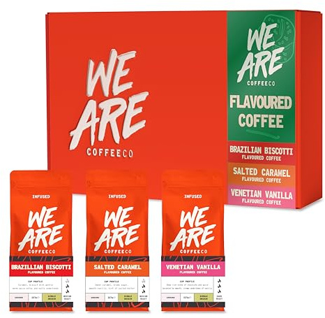 We Are Coffee Co Flavoured Coffee Collection Gift Set, 3 x 227g Omni Grind, Salted Caramel, Biscotti and Vanilla, Naturally Flavoured Coffee