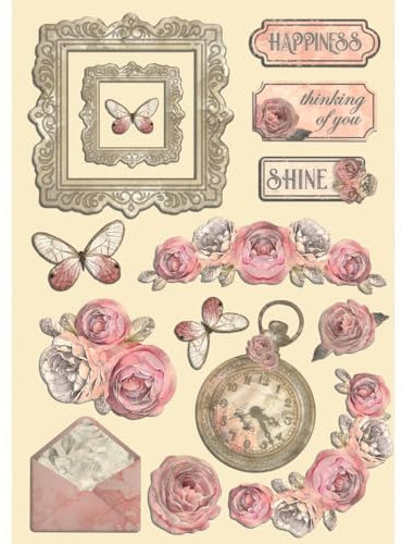 Stamperia - Coloured Wooden Shapes for Scrapbooking, Albums, Card Making, Bullet Journalling and More, LaserCut, Printed for Enhanced Detail, Perfect for Hobbies, Crafts and Gifting (Shabby Rose) (A5)