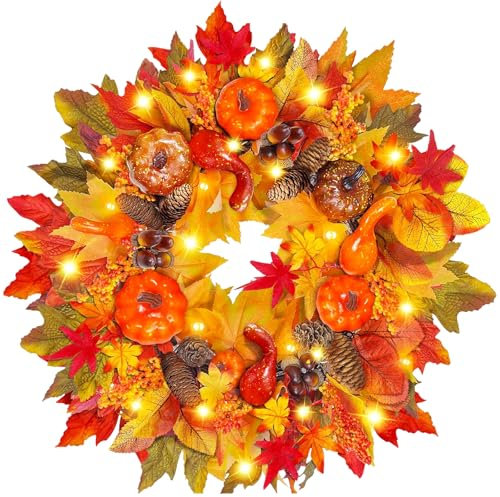 CHANCCI Autumn Wreaths for Front Door,20 Inch Thanksgiving Fall Wreath,Artificial Maple Autumn Wreath,Sunflower Fall Wreath with LED Light,Wreath for Fall Outdoor Indoor Home Decoration