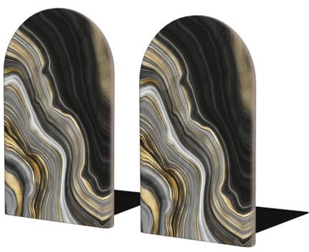 Buchstützen aus Holz, 2er-Set, Bücherregal, Buchstopper, Buchhalter für die Heimbibliothek, Schule,Moderner schwarzer und Goldener Achat-Edelstein