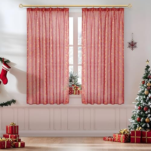MRTREES vorhänge Weihnachten Vorhang kurz Stores gardinen mit kräuselband Vorhang rot 145 cm lang 140 cm breit für gardinen kinderzimmer gardine mit goldenem weihnachtsmuster,Weihnachtsbaum 2er Set