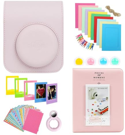 Clikoze Instant Camera Accessories Bundle with Fujifilm Mini 12 Case, Mini Album Book, Selfie Mirror, Film Stickers x20, Colour Filters and More (Blossom Pink)
