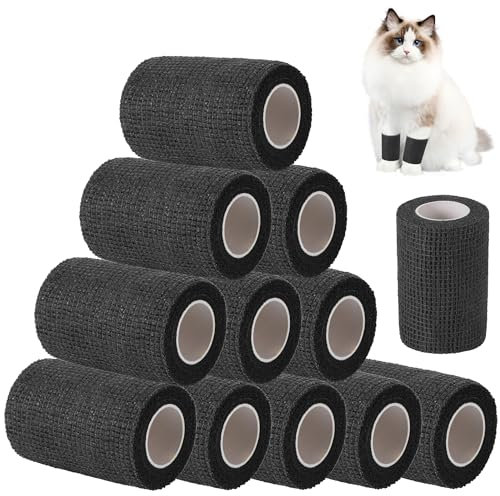 JIZZU 12 Rouleaux Bandage Autoadhésif Cohésifs 7,5 cm x 4,5 m, Medical Elastique Bandage,Sports Bande Adhésif pour les Premiers Soins, Chien, Chat, Entorses de la Cheville (Noir)