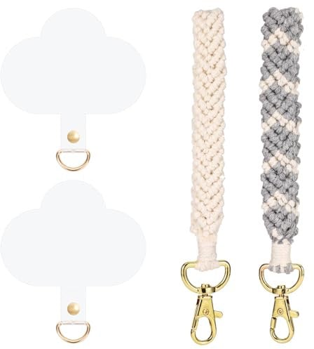 NQEUEPN 2pcs Phone Wrist Strap, Woven Phone Bracelet Strap with 2pcs Phone Tether Tabs Cell Phone Wristlet with Live Buckle Boho Rope Keyring Phone for Girls Women Gift (White, Light Gray)