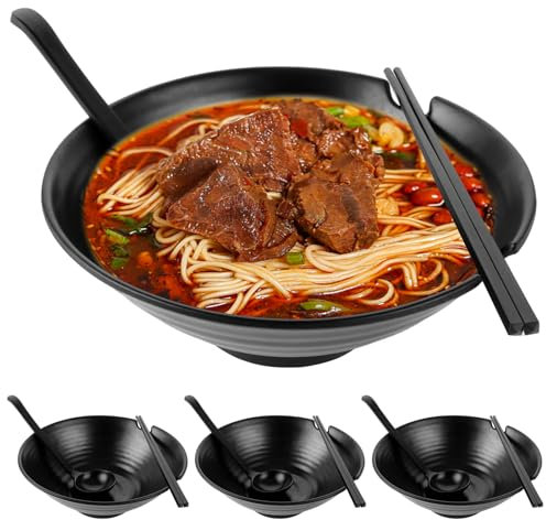 LOPYXBR Lot de 4 bols à ramen - 1000 ml - En plastique - Avec cuillère et baguettes - Noir - Pour ramen, salade, soupe, pho