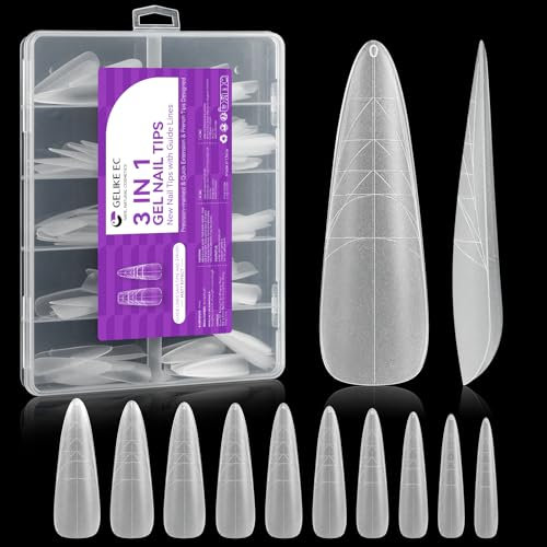 Gelike ec Capsule Americaine Ongle Gel avec Ligne Auxiliaire, PMMA Faux Ongles Long Stiletto 84 Pièces 10 Tailles, Soft Gel Transparente