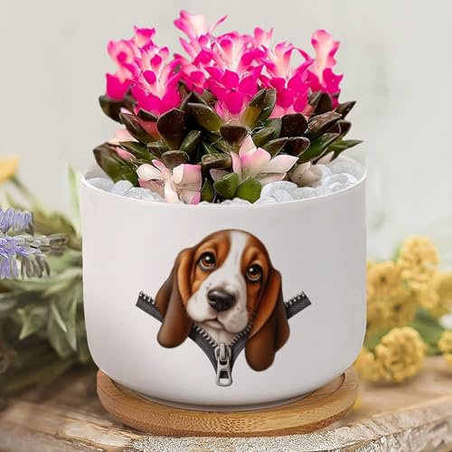 Yelolyio Basset Hound Planters Ceramic Zipper Peeking Dog Round Flower Pots with Drainage Holes And Bamboo Tray Plant Pot for Outdoor Indoor Plants House Warming Gifts