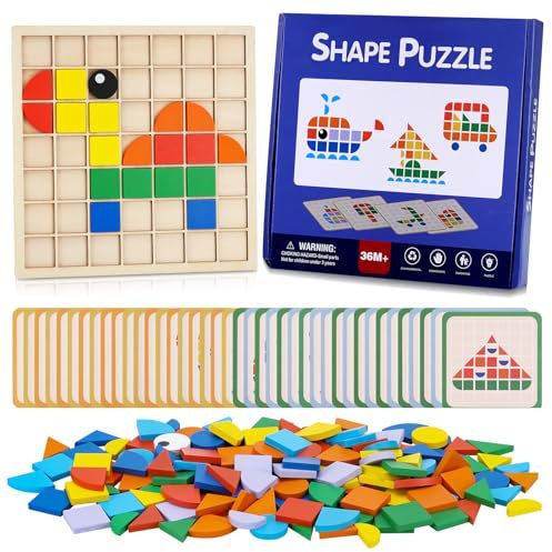Huiguli Mosaik Puzzle, Tangram Holzpuzzle Kinder mit 139 Geometrischen Formen, 20 Designkarten, Montessori Spielzeug Puzzle ab 3 4 5 6 Jahre, Konzentrationsspiele für Kinder