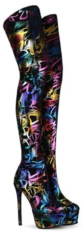 FHVCMTG Tacchi Alti High Heels Stivali Spillo Sopra Ginocchio Donna Plateau Punta Tonda Scarpe Ballo Festa 16cm,Black,41