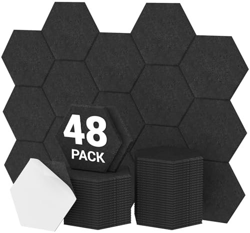 48 Pack Hexagon Acoustic Panels Self-adhesive, TONOR 30x26x0,9cm High Density Sound Proof Panels for Walls, Sound Deadening Insulation Treatment Sound Absorbing Padding for Studio, Office, Home, Black