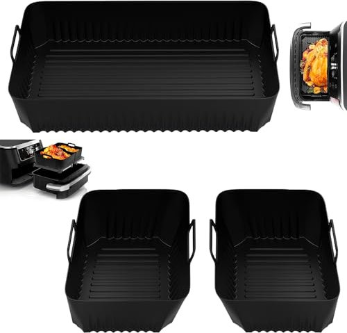 ZONJIE Silicone Air Fryer Liners for Ninja Large Flex Drawer Air Fryer Accessories AF500UK/ Ninja Foodi Flexdrawer Reusable Airfryer Black Air Fryer Basket (1X10.4L & 2x5.2L)