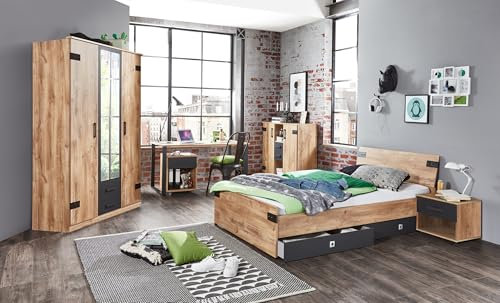 Modernes Jugendzimmer Liverpool in Plankeneiche und Graphit – Stilvolles Kinderzimmer Set wahlweise Matratze und Lattenrost - Verschiedene Set Varianten (7 teilig Drehtürenschrank + 140er Bett)