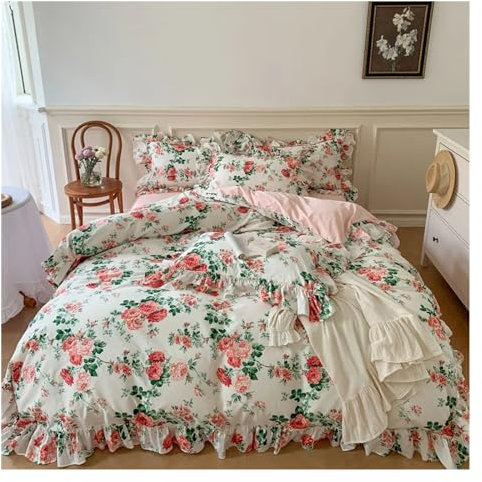 KUGGKKTP Französisches Vintage-Bettrock-Set, 100% Baumwolle, Rosendruck, Leinen mit Spitzenrüschen, Bettbezug, Bettlaken, Spannbettlaken, Kissenbezug, Bettwäsche-Set