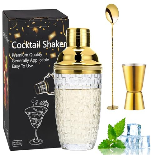 Gohytal Shaker à cocktail en verre transparent doré 385 ml avec couvercle doseur en acier inoxydable, passoire et boîte cadeau pour la maison, le bar, le vin, les jus de fruits mélangés