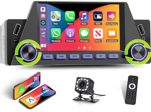 Autoradio 1 Din mit Wireless CarPlay Android Auto 5 Zoll Bildschirm Bluetooth Autoradio Unterstützt Mirror Link/FM AM RDS/EQ/Type-C Laden/2 USB/AUX/SWC+Rückfahrkamera Fernsteuerung