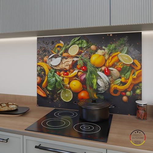 WOWMÖBEL Spritzschutz Küchenrückwand Glasoptik selbstklebend Küche | ESG 4mm | Rückwandschutz Platte Glasrückwand Wandpaneele nach Maß | Mahlzeit (B 120cm x H 50cm)