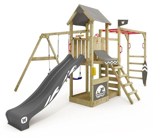 WICKEY Spielturm Klettergerüst Smart Baboon mit Schaukel & Rutsche, Outdoor Kinder Kletterturm mit Sandkasten, Leiter & Spiel-Zubehör für den Garten (Anthrazit)