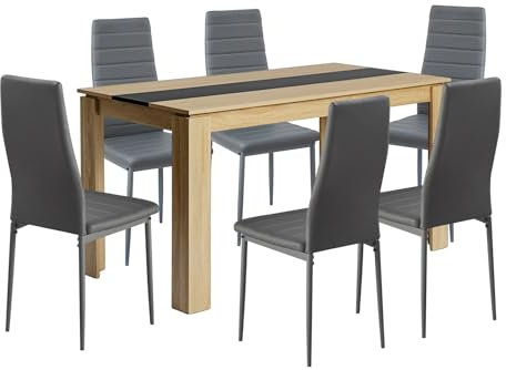 FURNITABLE Esstisch mit 6 Stühlen Esszimmergruppe, 6er Set Esszimmerstühle und Rechteckig Holztisch Essgruppe für Wohnzimmer Küche Büro(140 * 70cm Tisch+6 Dunkelgrau Stühle)