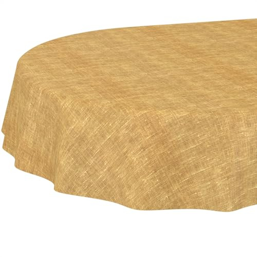 ANRO Tischdecke abwaschbar Leinenoptik Senf oval 240x140 cm In-/Outdoor | ideal für Garten, Terrasse & Esszimmer – Gartentischdecke wetterfest – Tischwäsche aus beschichtetem Stoff