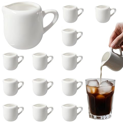 Puniama 12 PCS Small Milk Jug Set – 110ml White Ceramic Mini Creamer Pitcher with Handle, Drip-Free Spout, Porcelain Gravy Jug, Syrup Server, Sauce Pot for Milk, Coffee, Tea, and Dressings