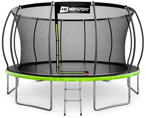 Hop-Sport Trampolin Outdoor - Ø 244/305/366/427/488 cm - Trampolin mit innenliegenden Sicherheitsnetz, gebogenen Netzstangen und Sicherheitszertifikaten - Komplettset mit Leiter Randabdeckung (427 cm)