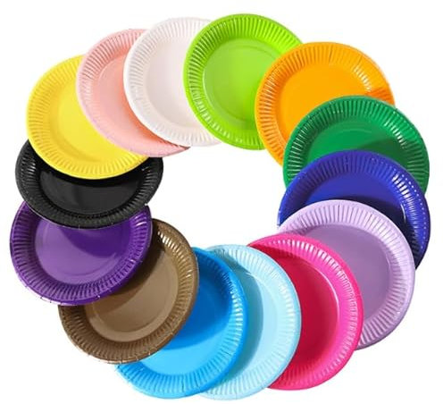 Tatxmalv Platos de Papel de Colores, 120 Piezas Redondos Platos de Cartón, Fácil de Agarrar, No se Desliza, 12 Colores Papel para Fiestas, para Servir Pasteles, Pollo Parrilla y Bistec
