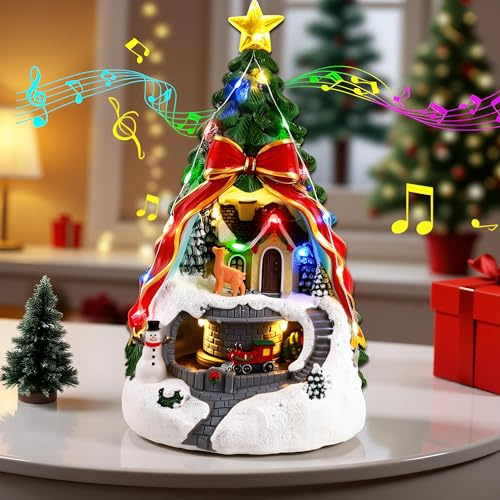 ZPCO Décoration de Noël musicale de 24,1 cm avec train rotatif, maison de village d'arbres de Noël avec lumières multicolores pour décoration de table, cadeau de Noël