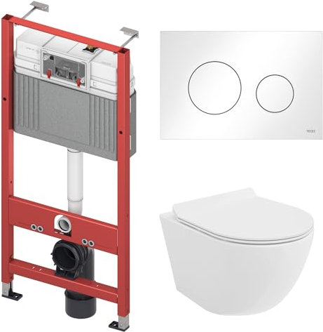 BADLAND WC-Vorwandelement Set TECEbase mit Wand-WC Rolo Weiß, Schallschutzmatte & Betätigungsplatte Weiß – Komplettset für Trockenbau & Vorwandinstallation