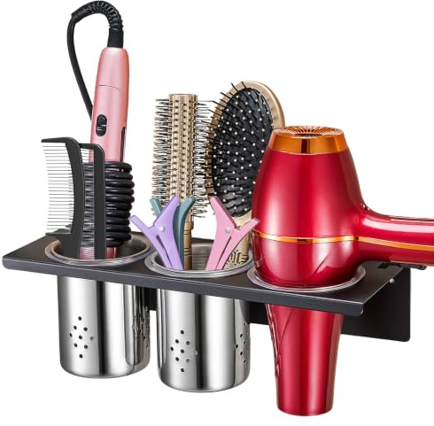 LOXSUN Fönhalter Ohne Bohren, 3-in-1 Fönhalterung mit Edelstahl Becher für Lockenstab & Haarbürsten & Glätteisen und Föhn Halterung, Föhnhalter Wand Haartrocknerhalter für Bad (Schwarz)