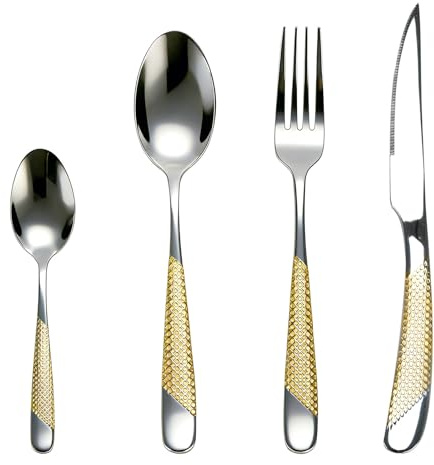TMZDCJK 24-Teiliges Besteckset Gold, 6 Personen, Schleifen-Design