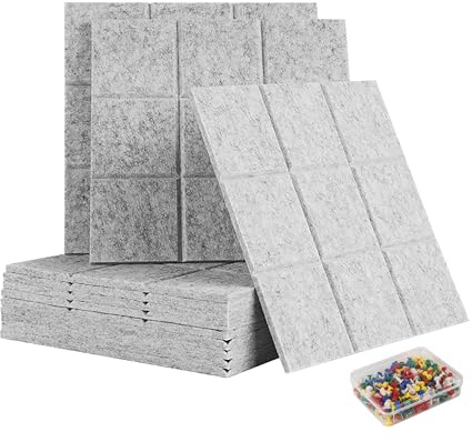 Relaxdays Filzpinnwand, 12 Stück, Selbstklebende Quadrate aus Filz, HBT: 30x30x0,9 cm, Filzwand inkl. Pinnnadeln, grau