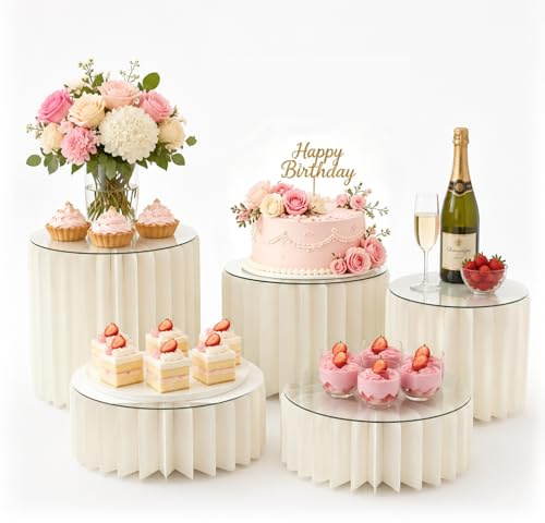 Meenewching 5 alzate pieghevoli per torte, alzate per buffet, espositore in cartone con piastre rotonde in acrilico, supporto per torte per matrimoni, compleanni, decorazioni per feste e buffet da
