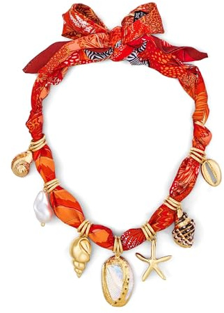 TOVABA Halskette Damen mit Seidenschal, Seidenschal-Kette mit Seestern und Muschel Anhänger, Boho Modeschmuck im maritimen Look für Sommer und Urlaub