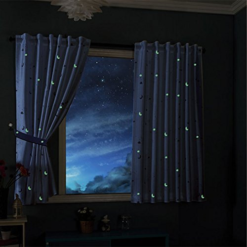 Gardinenbox Vorhang Schal Blickdicht Motiv Sterne Monde fluoreszierend Leuchtend Kinder Kids Schlaufenband Universalband Blau 2 Stück 175x145 (Höhe x Breite cm), 20495