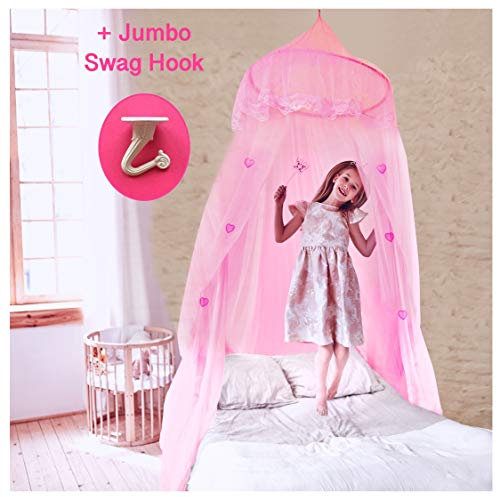 EVEN NATURALS - Prinzessinnen-Betthimmel für Mädchen, rosa Raumdekoration mit Spitzenkuppel und Herzen, einfaches Aufhängesystem, Moskitonetz für Bett, Krippe bis Doppelbett, Betthimmel, Bettvorhänge,