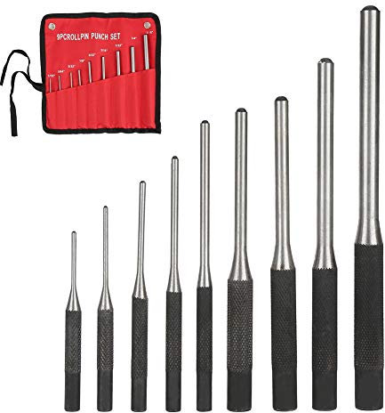 Steel Center Punch, 9 Piece Roll Pin Punch Set, Mechanics Professional Tool Kit for Breaking or Drilling Walls, Concrete, Stones or Other Materials