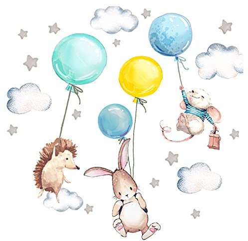 Little Deco Wandtattoo Kinderzimmer Mädchen Junge Deko Wandsticker Baby Tiere Luftballon Mint blau Wolken Sterne Boho Aufkleber Wandbild für Kinder DL212-33