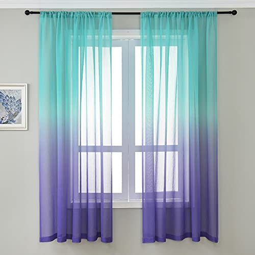 Lsimeru Voile Gardine Vorhang Farbverlauf Türkis Violett Gardinen Leinenoptik Halbtransparent Bunt 2er Set Vorhänge Dekoschal Fensterschal für Wohnzimmer Schlafzimmer,132x160