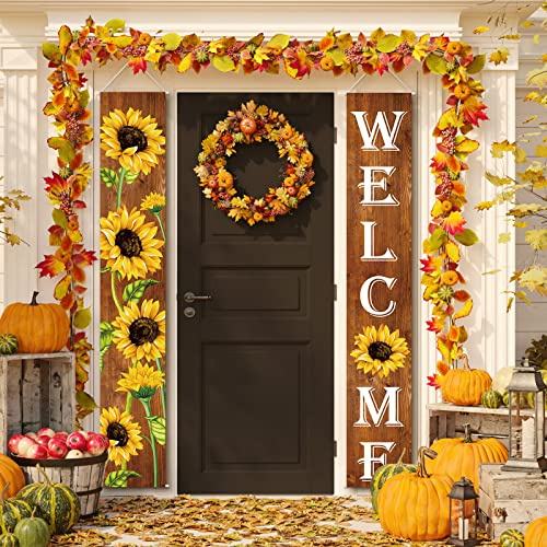 Tatuo Sonnenblumen-Willkommensbanner zum Aufhängen, Frühlings-Veranda-Banner, Flaggen, Sommertür-Hängedekorationen für Haustür, Garten, Haus, Hof, Sonnenblumen-Party-Dekorationen (Holzhintergrund)
