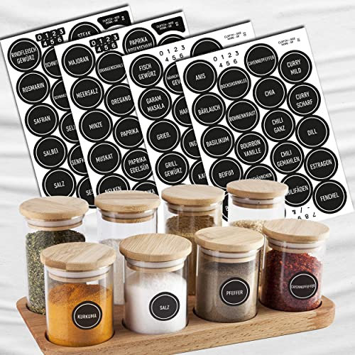 colortouch Gewürzetiketten Selbstklebend - Aufkleber Gewürzetiketten - 80 Stück Rund Vorratsetiketten (Deutsch) - Gewürzgläser Etiketten - Gewürz Sticker - Wasserfest Küchenetiketten - Schwarz