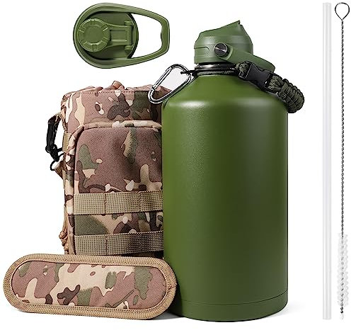 Isolierte Wasserflasche mit Strohhalm, 3,6 l, Edelstahl, mit Tragetasche, hält warm und kalt, 3,5 l Wasserflasche mit Hülle und Gurt für Reisen, Wandern und Camping