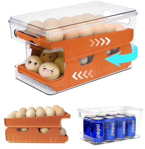 Virmate Rolling Egg Holder for Refrigerator Double track 24 Egg Organizer for Refrigerator, Clear Egg Organizer Tray for Fridge Refrigerator Storage Box with Lid for Food, Drinks etc.(Orange)